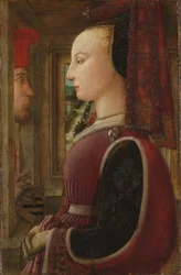 Porträt einer Frau mit einem Mann an einem Fenster, ca. 1440